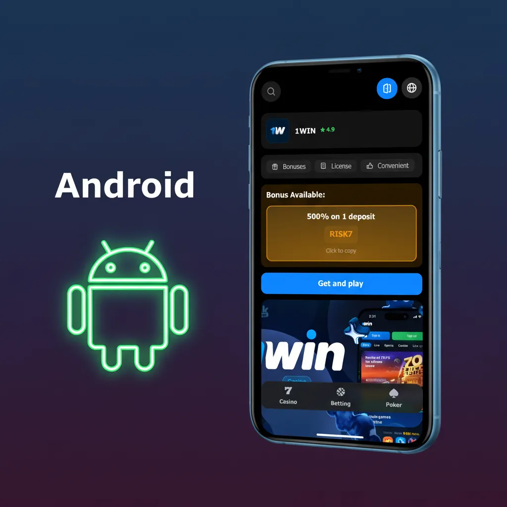 Android phone showing APK download and install steps for a betting app; supports Android 7.0+ and in-app updates.