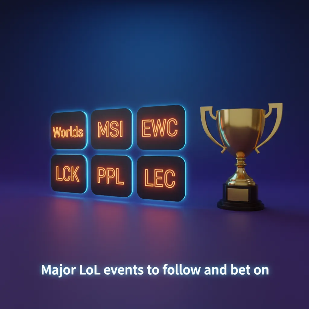 Infographic of key League of Legends events for betting: Worlds, MSI, EWC, LCK, LPL, LEC.