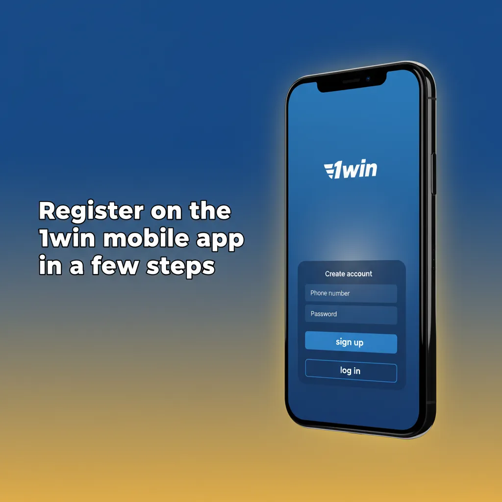 Phone showing 1win Sign Up screen with steps: download, open app, choose method, enter details, verify by SMS/email.