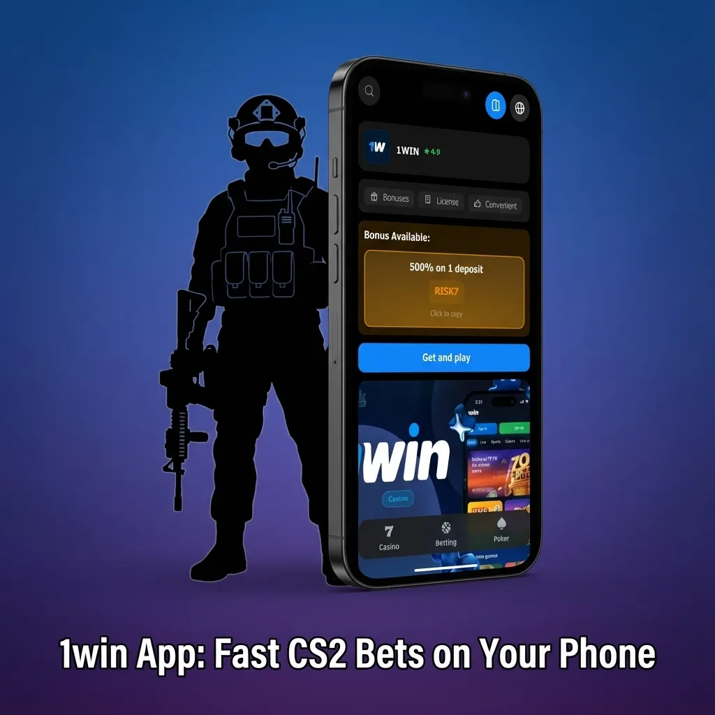 Phone showing 1win app for CS2 betting with live odds, quick deposit, cash out, and bet slip options.