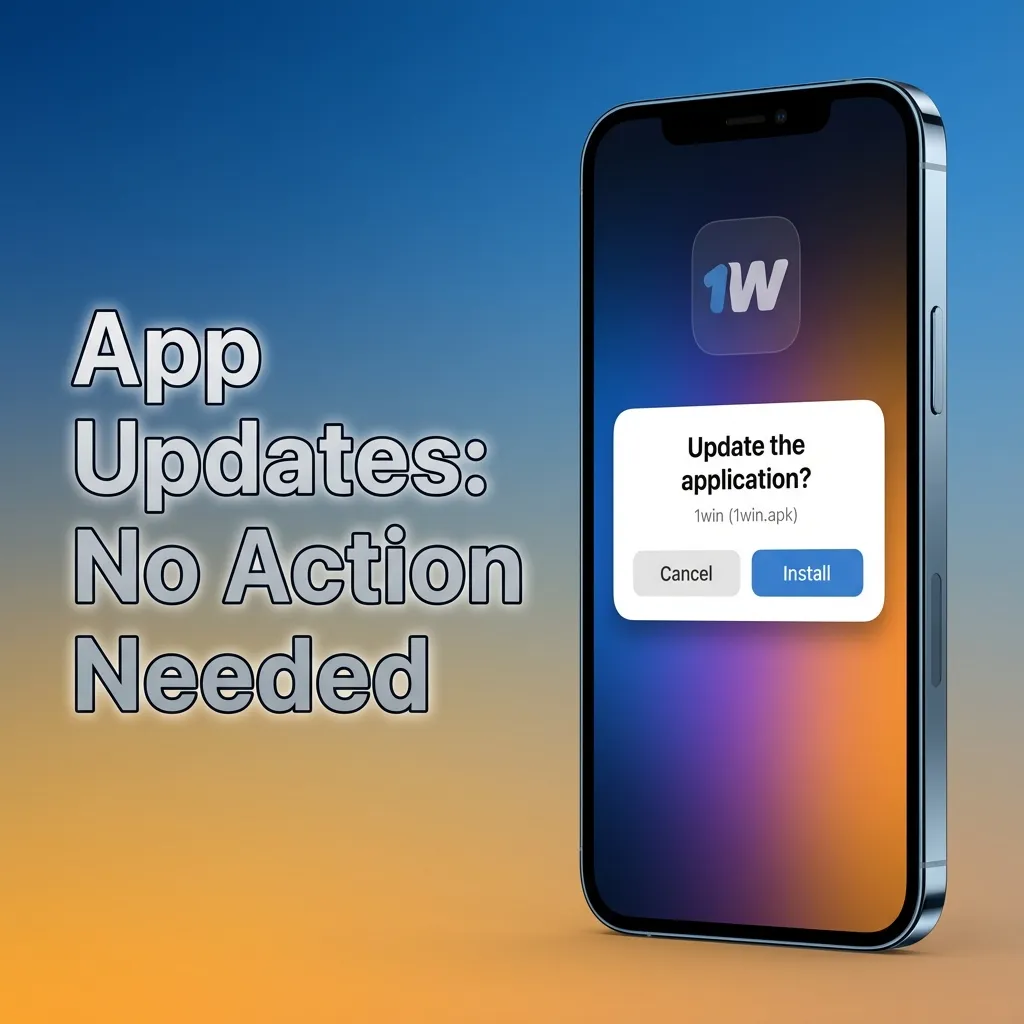App Updates: No Action Needed banner beside phone with 1win PWA icon; auto-updates, no downloads, ready for big match days.