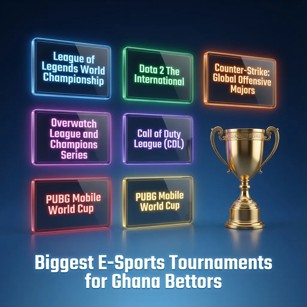 Graphic listing top esports tournaments for Ghana bettors: Dota 2, CS2, LoL, Valorant, SC2, R6, MLBB; majors and leagues.