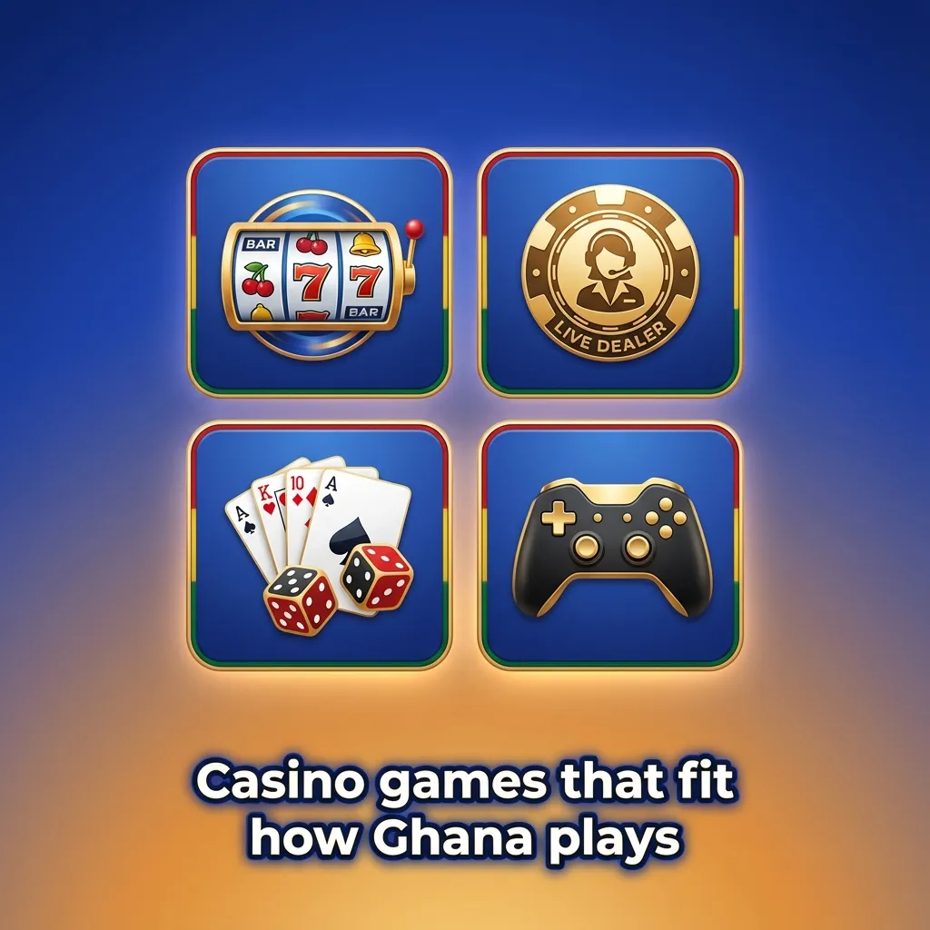 Casino games that fit how Ghana plays: 5,000+ titles—slots, Megaways, roulette, blackjack, live dealers, game shows.
