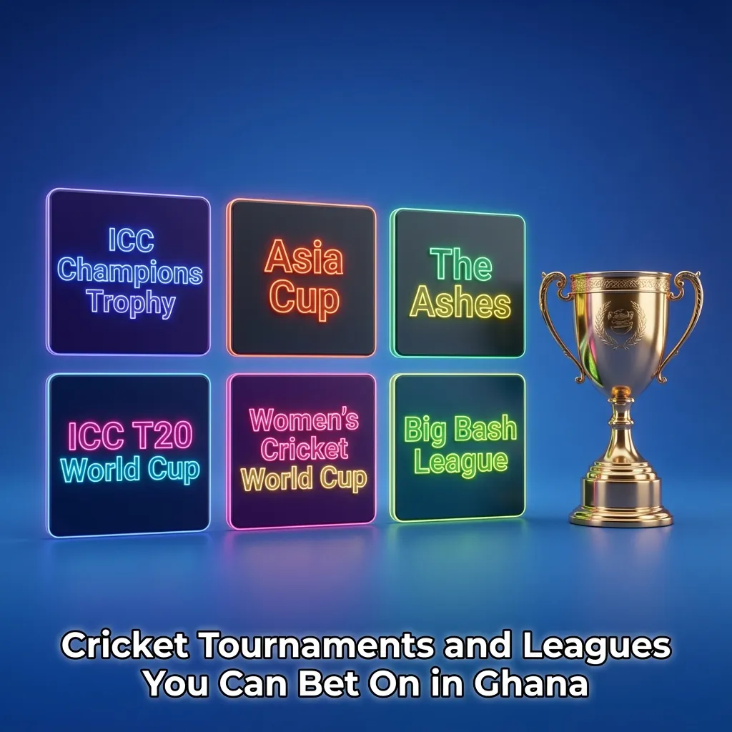 Graphic showing cricket tournaments for betting in Ghana: ICC World Cups, the Ashes, IPL and other T20 leagues.