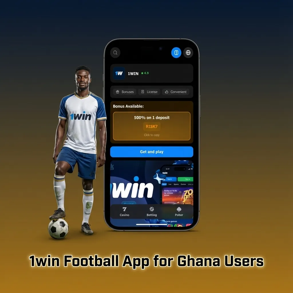 Android and iOS phones showing the 1win Football app for Ghana with odds, accas, live updates, Cash Out, and GHS deposits.