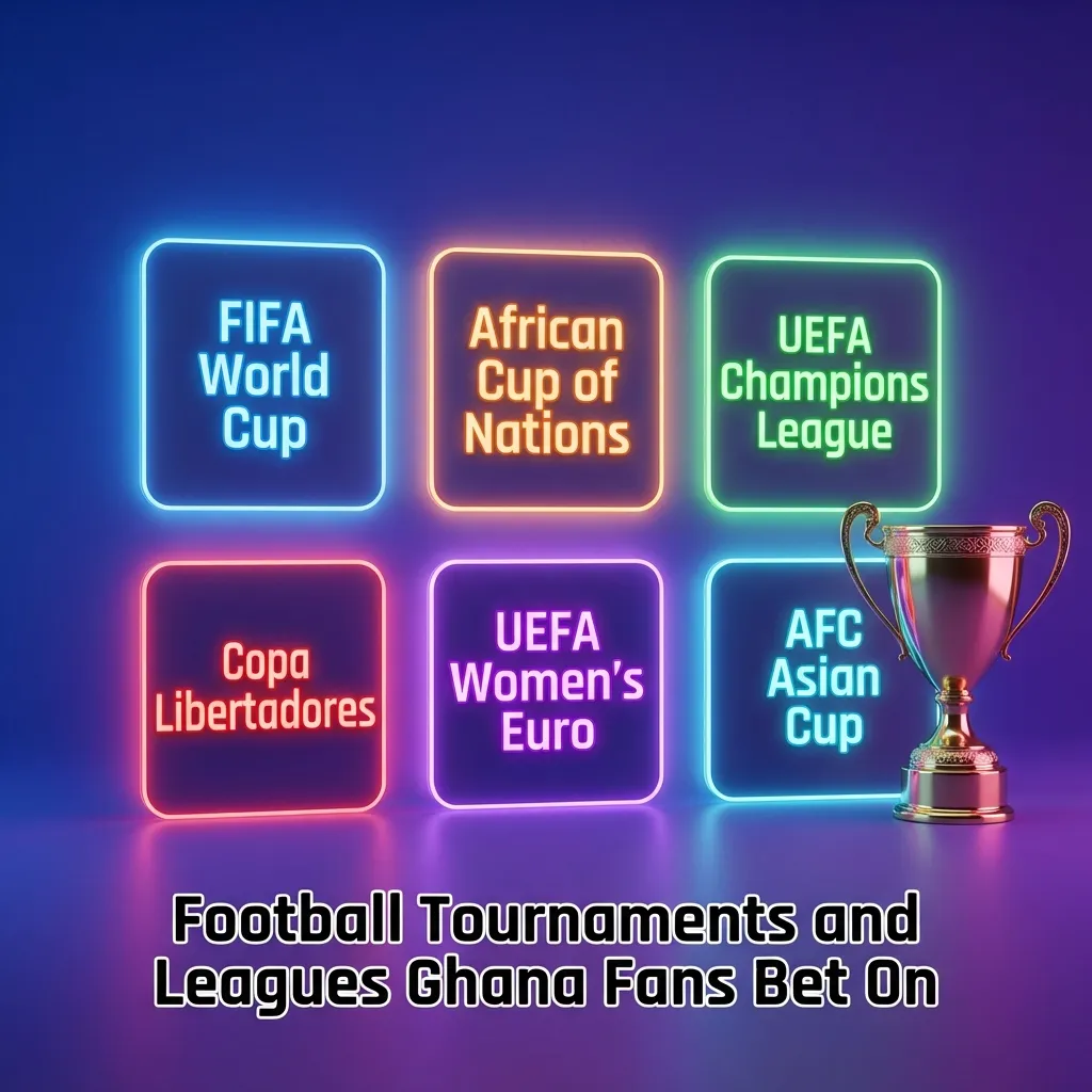 Football tournaments Ghana fans bet on: World Cup, AFCON, UCL, EPL, Ghana Premier League, with live betting markets.