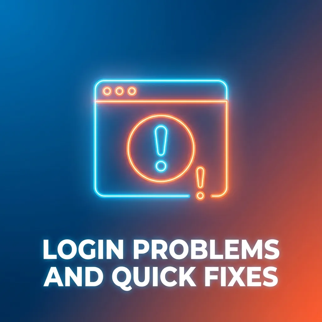 Infographic listing common login problems and quick fixes: wrong password, no access, 2FA, verification, loading issues.