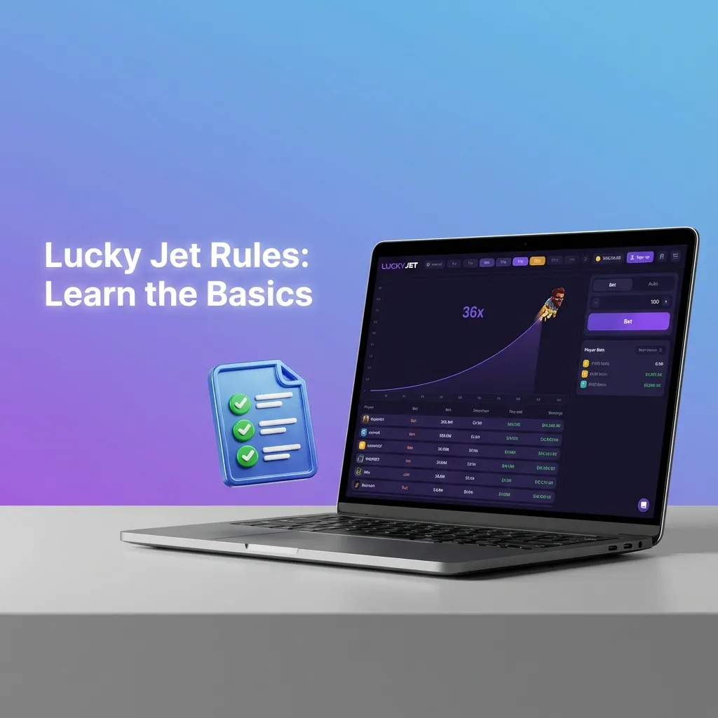 Lucky Jet rules infographic: multiplier starts at 1.00x, cash out before jet flies away; auto bet/cashout, two-bet hedging.
