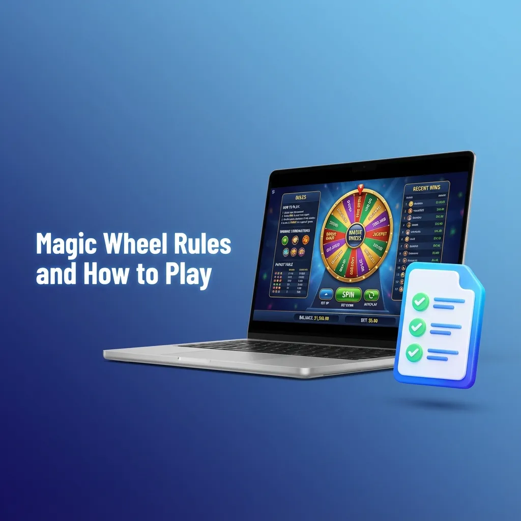 Magic Wheel game UI: set stake, Spin/Auto-Spin, segment multipliers, RTP 96%, medium-high volatility, check paytable.