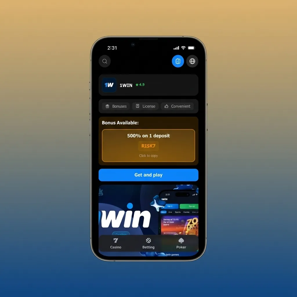 1win mobile UI with tabs for Sports, Casino, Live Events, Wallet, and a clear betslip for tracking bets.