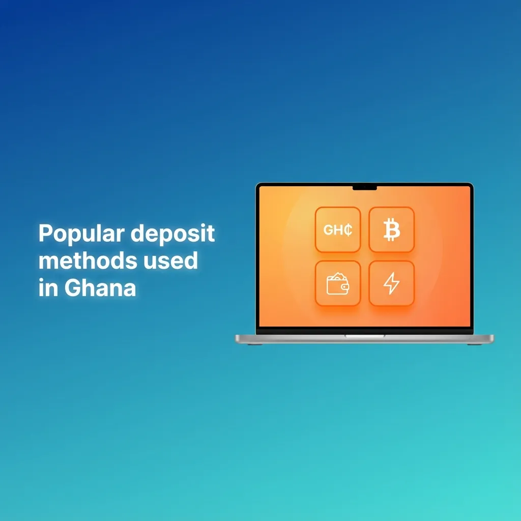 Infographic of Ghana deposit methods: MTN MoMo, Vodafone Cash, AirtelTigo, Visa, Mastercard, USDT, Bitcoin, bank transfer