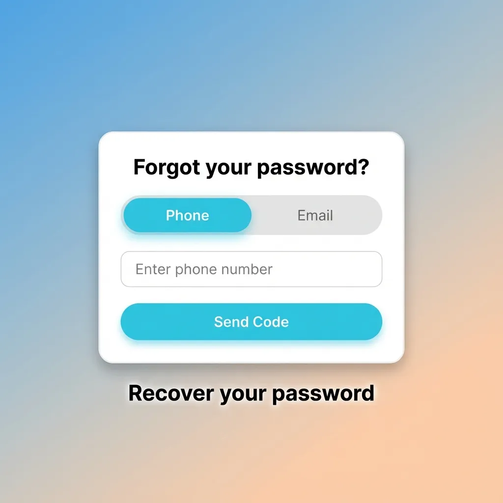 Recover your password: tap Forgot password, choose SMS or email, enter code, set new password.