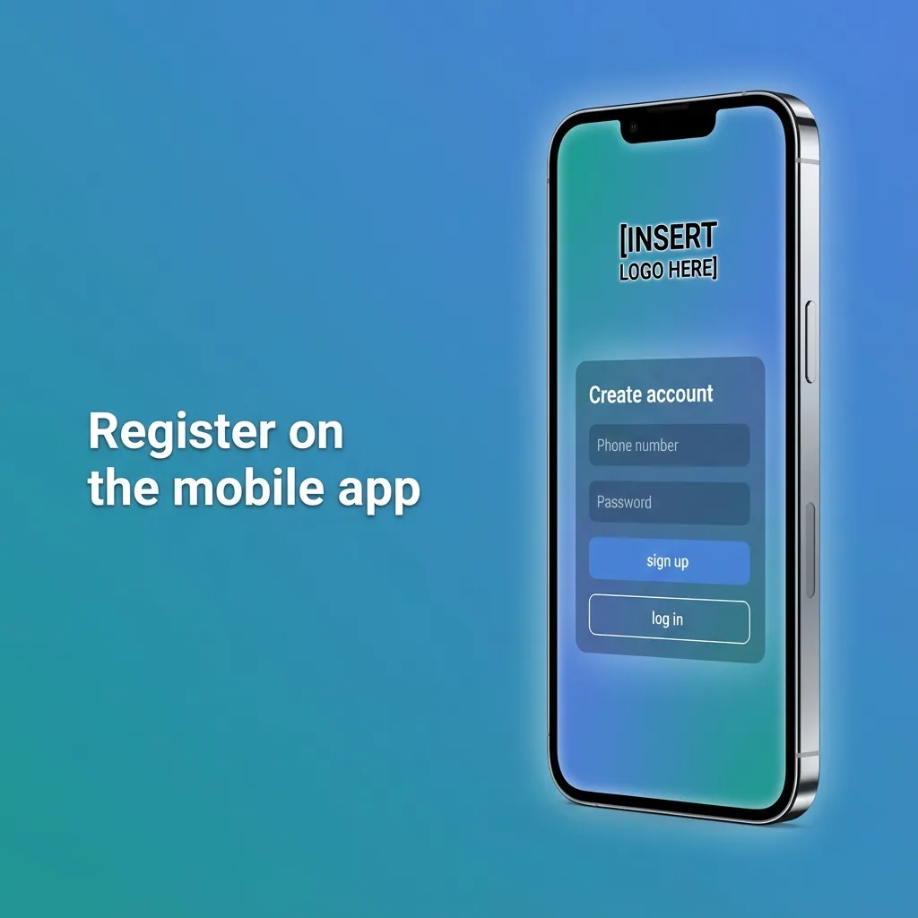 Mobile app sign-up screen with Register button, Phone/Email/Social/One‑Click options, SMS/email verify, PIN/biometric.