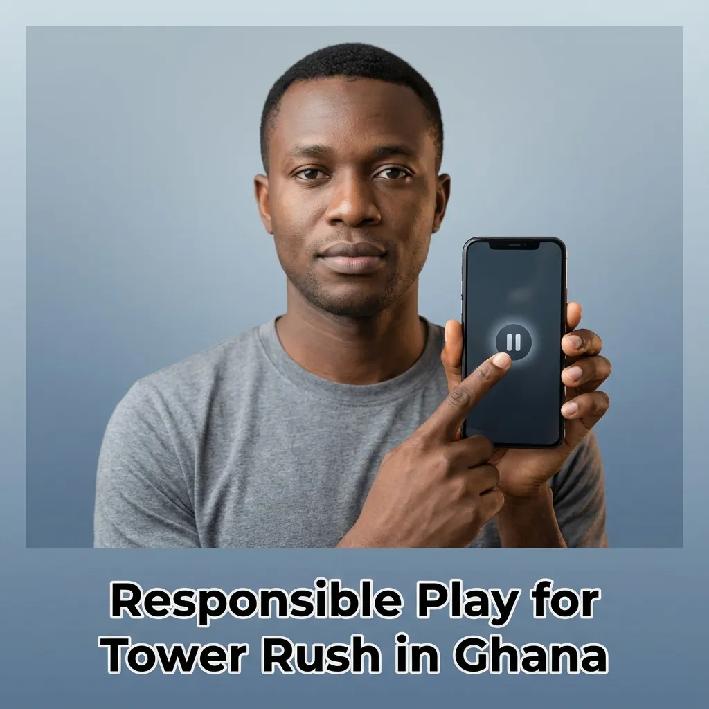 Poster on responsible Tower Rush play in Ghana: set budgets, learn demo, use limits, take breaks; seek help if needed.