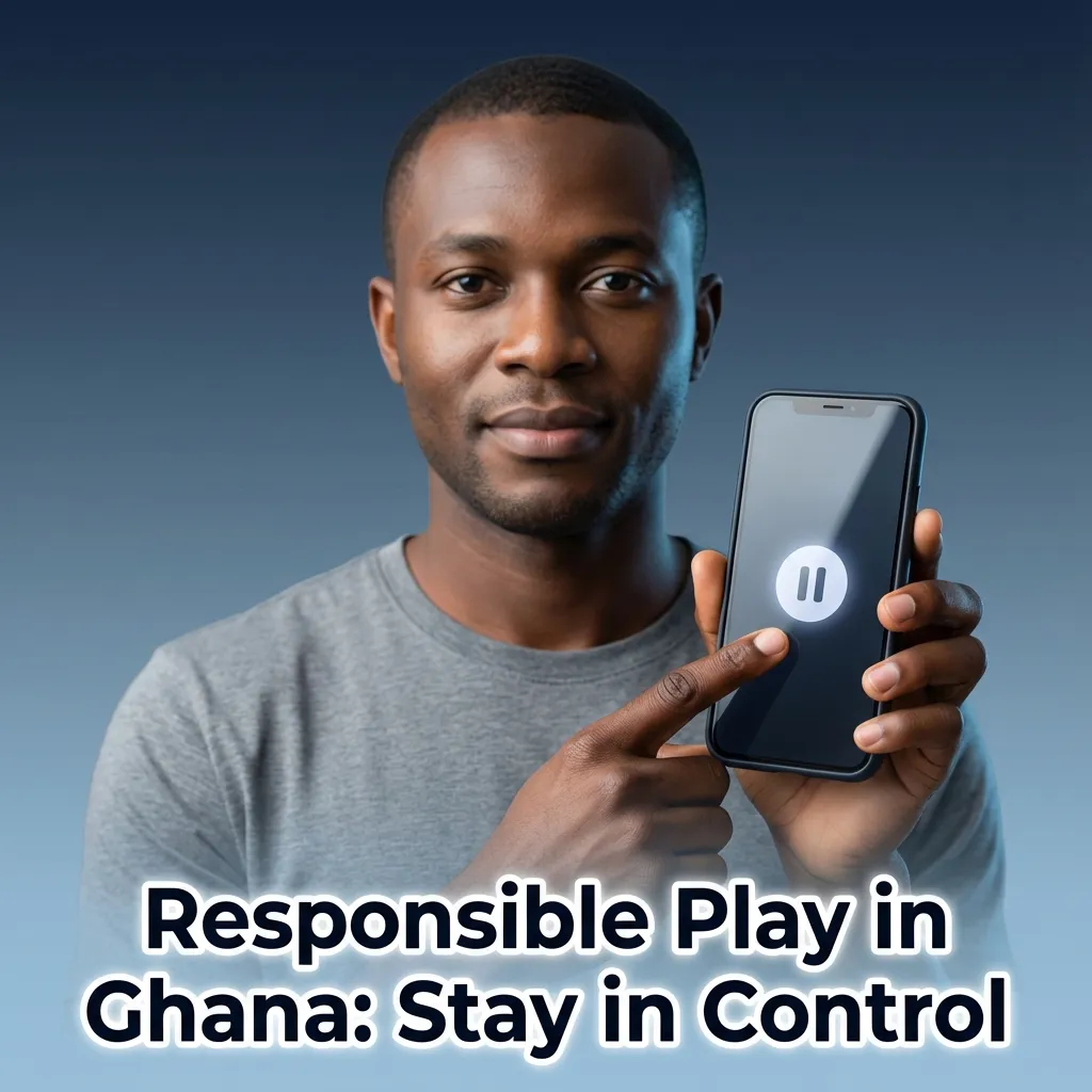 Responsible play poster for Ghana: 'Stay in Control' with tips: GHS budget, demo practice, limits, breaks.