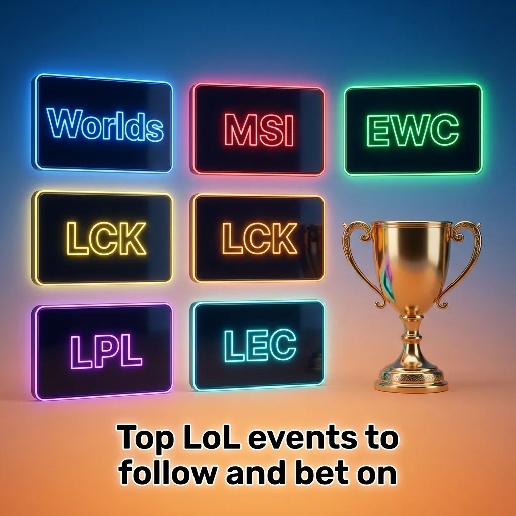 LoL esports graphic featuring Worlds, MSI, EWC, LCK, LPL, LEC, with betting odds motif.