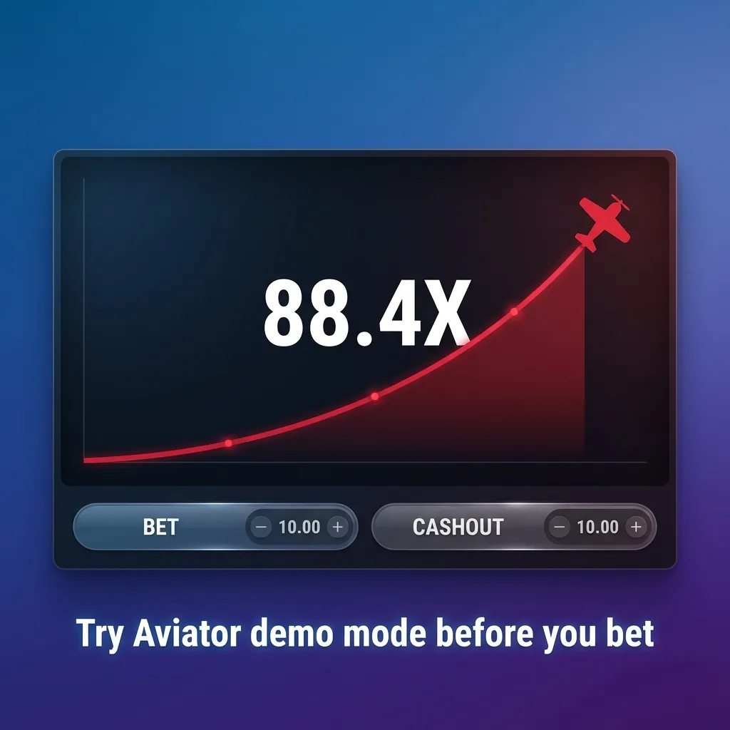 Aviator demo mode screen showing crash graph; practice cashout timing and multipliers with virtual money.