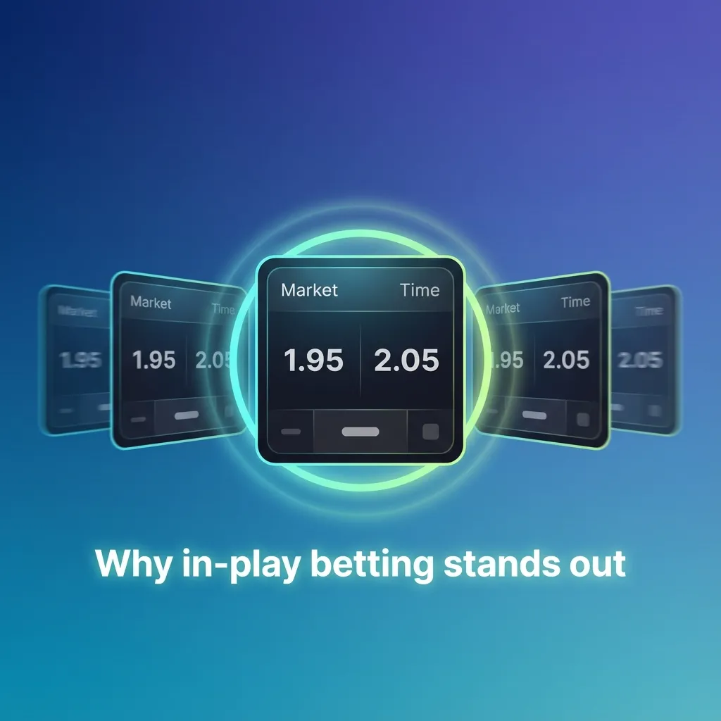 In-play betting interface with football, basketball, tennis, and esports, live odds, cashout, real-time stats.