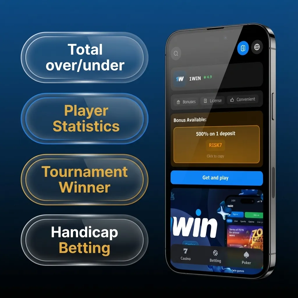 Infographic showing 1win bet types: Single, Accumulator, System, Handicap, Over/Under, with brief descriptions.
