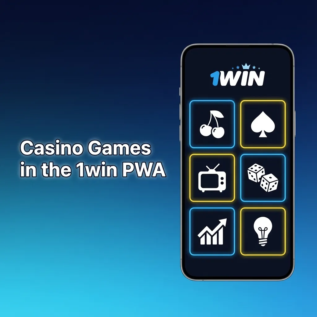 1win PWA casino lobby on mobile, featuring slots, Book of Dead, live blackjack/roulette, baccarat, crash, jackpots, Megaways